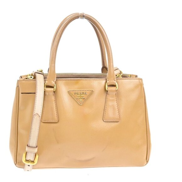 PRADA Logo Saffiano 2Way Shoulder Hand Tote Bag Patent Leather Beige 37EE955 - Picture 1 of 16